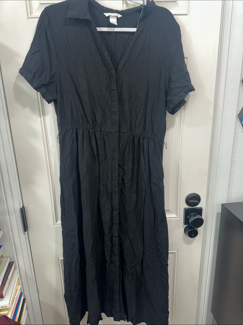 H&M Black Short-Sleeve Button-Front Midi Dress